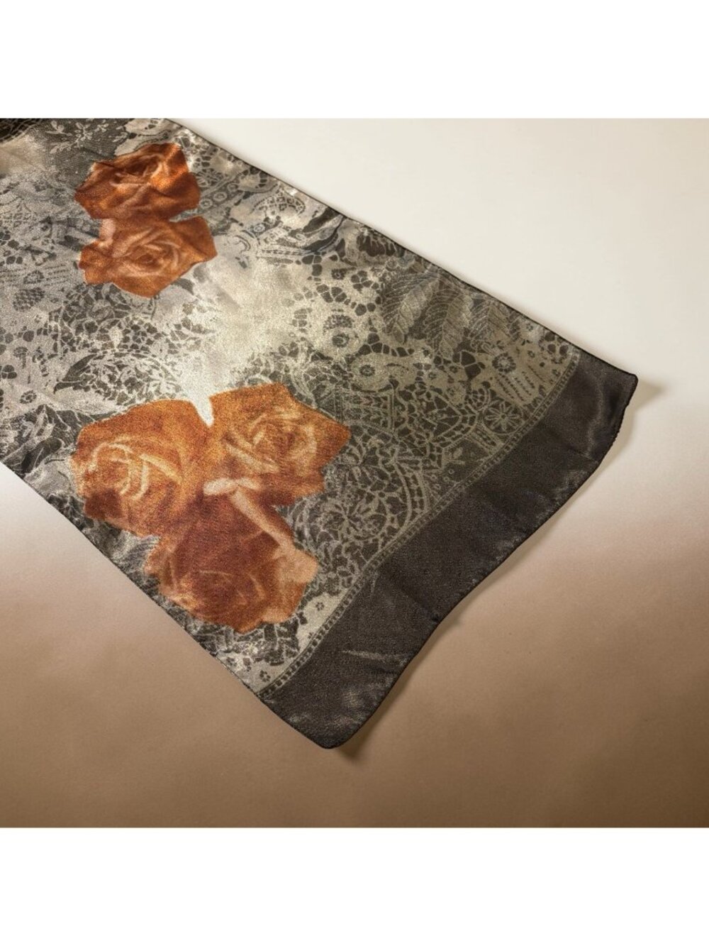 Vintage Women’s Scarf Italy Brown Floral Orange Rose Fall Autumn Long Soft Flowy